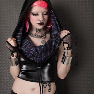 ELECTROSIMULATION CROP TOP - Hooded Black Reflective Vinyl pvc Binary Cyberpunk Festival Futuristic Rave Synthwave Goth Ninja Cyber Alt