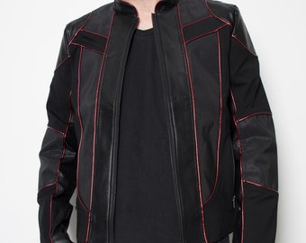 HARD WIRED - Red Black Jacket Men's Moto Rubber Motorcycle PVC Neoprene Futuristic Tron Industrial Cyber Sci Fi Vinyl Streetwear Cyberpunk