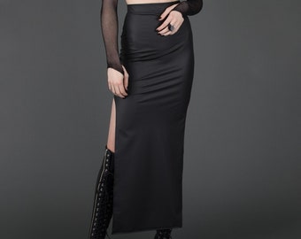 INTRIGUE MAXI SKIRT - Black vinyl pvc Slit High Waisted Nu Goth Boho Chic Cyberpunk Vampire Festival Industrial Clubwear Vegan Leather Cyber