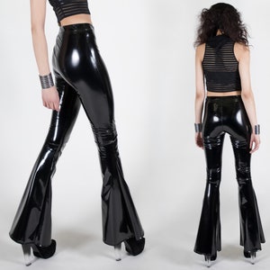 INTRIGUE BELLS - Shiny Black PVC Vegan Leather Stretch Leggings Bell Bottoms Flares Pants Futuristic Rocker Goth Festival Vampire Clubwear