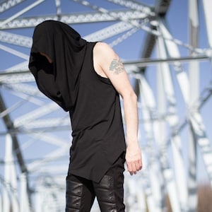 SALE SEPULCHRE SHIRT - Mens Black Hood Cowl Top Festival Alt Wasteland Ninja Goth Grim Reaper Sleeveless Tank Vampire Dystopian Apocalyptic