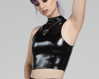 INTRIGUE CROP - Shiny Black PVC Top Futuristic Vinyl Cyber Zipper Shirt Rave Latex Cyberpunk edm Goth Glam Rock Cybergoth Clubwear Synth