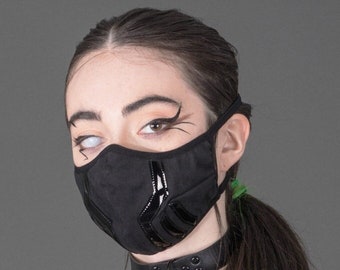 SALE DEFENDER MASK - Black Fabric Washable Burning Man Dust Face Unisex Cyberpunk Festival Futuristic pvc Vinyl Cyber Goth Industrial Ninja