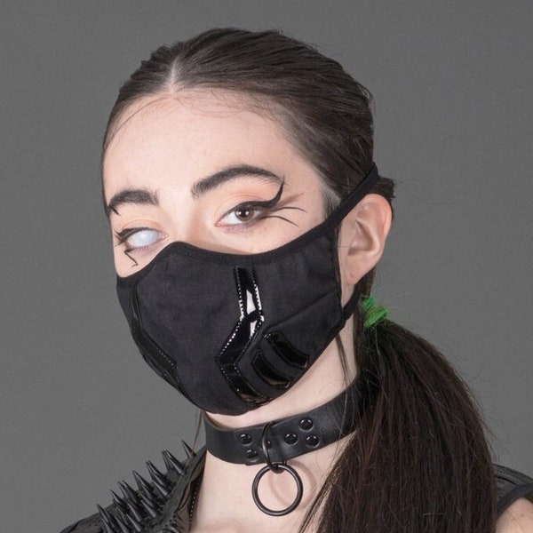 SALE DEFENDER MASK - Black Fabric Washable Burning Man Dust Face Unisex Cyberpunk Festival Futuristic pvc Vinyl Cyber Goth Industrial Ninja