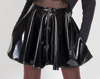 INTRIGUE CIRCLE SKIRT - with Pockets! Black Skater Mini pvc Vinyl Zipper Halloween Cyber Goth Futuristic Festival Shiny Cyberpunk Wet Look