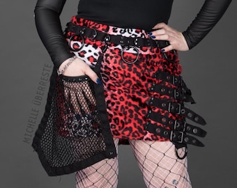 OOAK EXTINCTION SKIRT - Black Red Mini Faux Fur Leopard Punk Zipper Wasteland Festival Goth Pocket Mesh Apocalyptic Buckles Straps Halloween