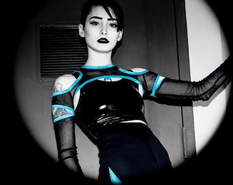 HIGH FREQUENCY SHRUG - Blue Mesh Cybergoth Cyberpunk Festival Futuristic Robot Shirt Sci Fi Cyber Clubwear uv Neon Black Halloween Alt Ninja