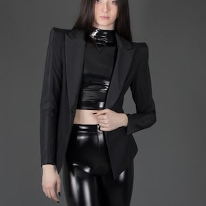 CARBON-14 BLAZER - Black Rubber Jacket Textured Dark Academia Goth Geometric Women's Futuristic Strong Shoulder Cyber Corporate Noir Vampire