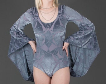 PARADIGM SHIFT BODYSUIT - Ice Blue Kimono Velvet Geometric Burnout Burning Man Boho Chic Cyberpunk Futuristic Clubwear Festival Bell Sleeve