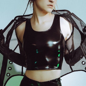 INTRIGUE TANK - Black PVC Crop Top Futuristic Shiny Vinyl Cyber Shirt Rave Industrial ebm Cybergoth Goth Costume Cyberpunk Space Wet Look