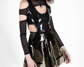 HIGH FREQUENCY SHRUG - Black Mesh Cybergoth Cyberpunk Festival Futuristic Robot Shirt Sci Fi Cyber Clubwear Industrial Goth Halloween Ninja