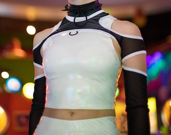 HIGH FREQUENCY SHRUG - White Mesh Cybergoth Cyberpunk Futuristic Robot Lunarcore Cyber Club uv Reactive Black Ninja Sci Fi Halloween Bolero