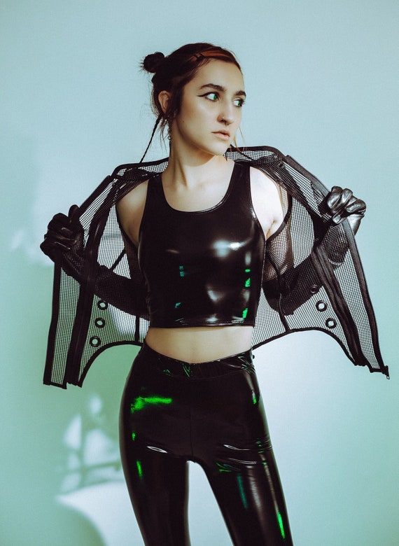 INTRIGUE TANK - Black PVC Crop Top Futuristic Shiny Vinyl Cyber
