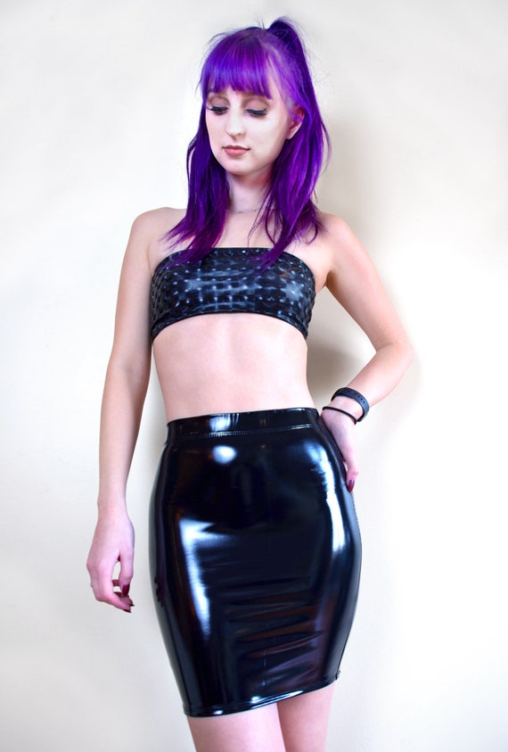 INTRIGUE SKIRT - Shiny Black PVC Mini Stretch Vinyl High Waist Pencil Streetwear Cyber Futuristic Wet Look Cyberpunk Nu Goth Latex Halloween