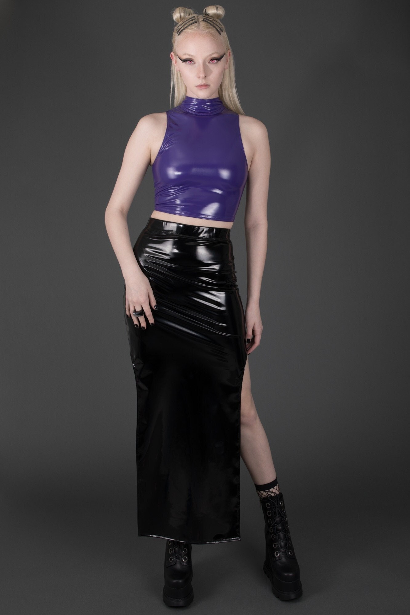 INTRIGUE MAXI SKIRT Shiny Black Vinyl Pvc Slit High Waist Goth