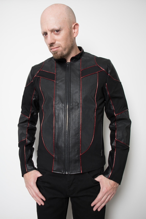 HARD WIRED Chaqueta roja y negra para hombre Moto Goma Motocicleta PVC  Neopreno Futurista Tron Industrial Cyber Sci Fi Vinilo Streetwear Cyberpunk  -  España