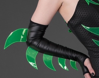 ELECTRIC PREDATOR GLOVES - Black uv Neon Green Opera Arm Warmer Vinyl Futuristic Cyber Cyberpunk Cybergoth Goth Festival Leather pvc Monster