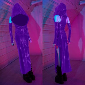SALE DEFENSE MECHANISM Maxi Dress - Purple Hood Cyber Goth Futuristic Synthwave Vinyl pvc Cyberpunk Future Space Dark Fashion Club Vampire