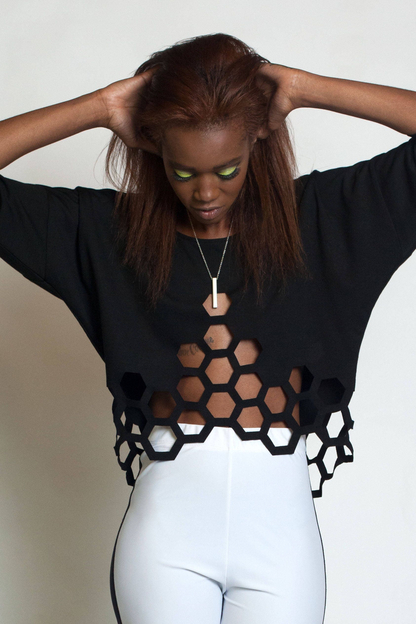 HIVE MIND - Laser Cut Shirt Kimono Top Black Sweatshirt Crop