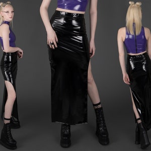 INTRIGUE MAXI SKIRT - Shiny Black Vinyl pvc Slit High Waist Goth Cybergoth Cyberpunk Vampire Festival Industrial Clubwear Wet Look Cyber Alt