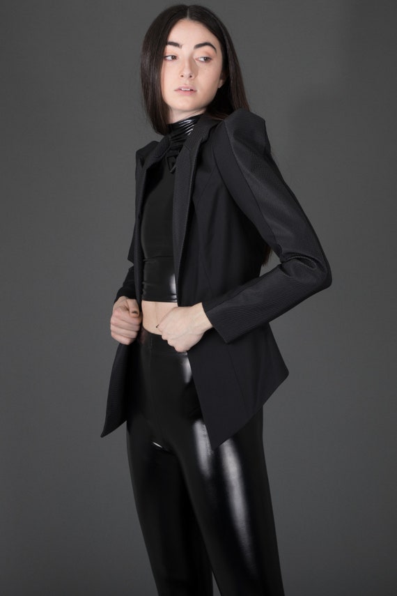 MichelleUberreste Carbon-14 Blazer - Black Rubber Jacket Textured Dark Academia Goth Geometric Women's Futuristic Strong Shoulder Cyber Corporate Noir Vampire