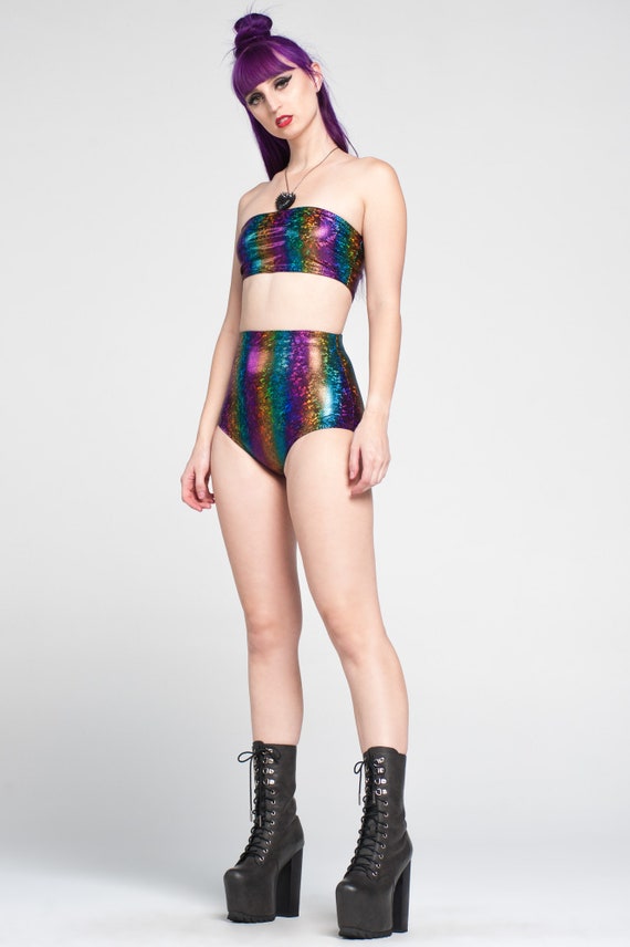 SPECTRUM BANDEAU Bra Top Crop Bralet Bralette Rainbow Sparkly Glitter  Festival Burning Man Disco EDM Rave Party Tube Rocker Mermaid Shiny 