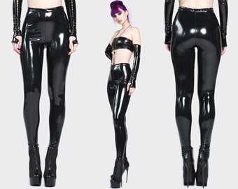 INTRIGUE LEGGINGS - Shiny Black PVC 4 Way Stretch Vinyl Futuristic Cyberpunk Cyber edm Rave Cyberpunk Goth Wet Look Pants The Matrix Latex