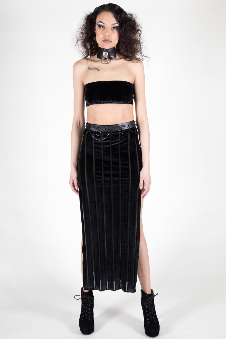Goth Dark Black Printed Mesh Mid Waisted Maxi Skirt