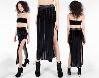 OVERSHADOW MAXI SKIRT - Black Burnout Velvet Slit High Waist Nu Goth Boho Chic Stripes Alternative Grunge Sheer Dark Festival Metal Vampire