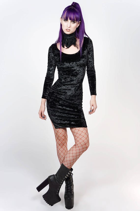 OBSIDIAN DRESS Black Long Sleeve Crushed Velvet Nu Goth Boho | Etsy