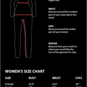 May include: A women's size chart with measurements in inches for bust, waist, and hips. The chart includes sizes from X-Small to XX-Large.