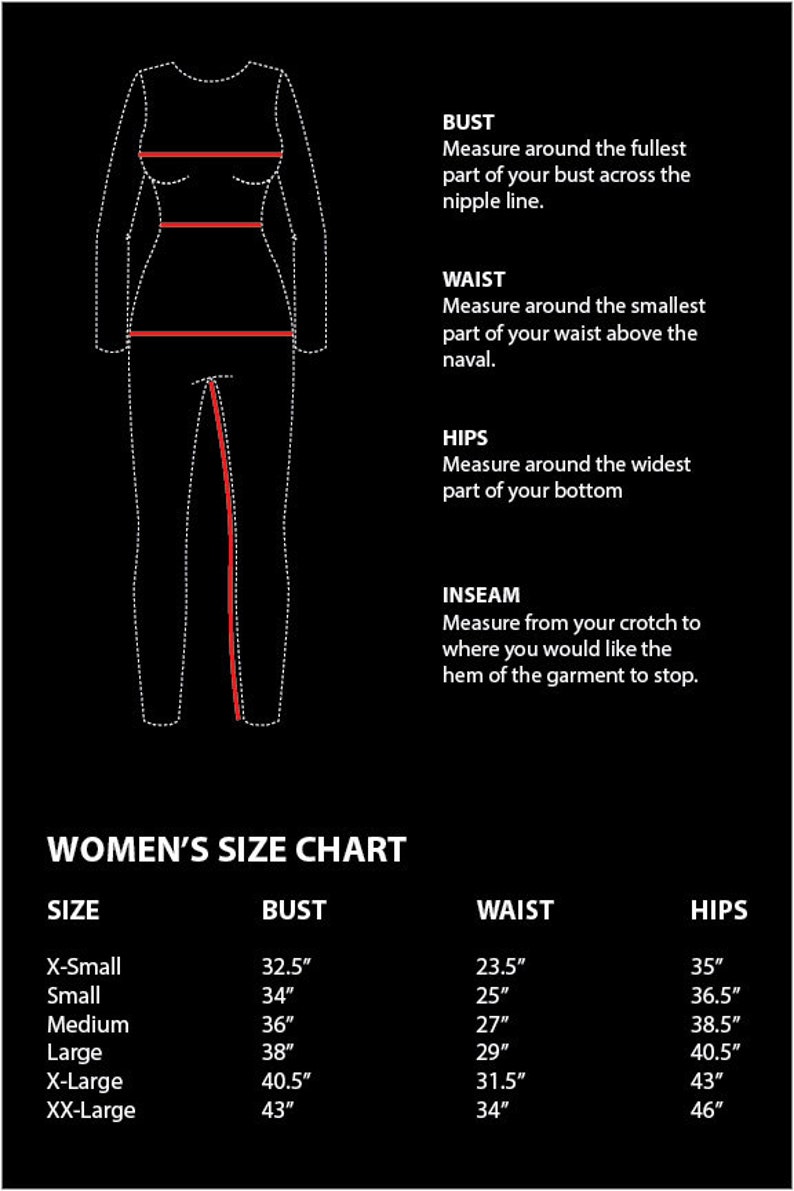 May include: A women's size chart with measurements in inches for bust, waist, and hips. The chart includes sizes from X-Small to XX-Large.