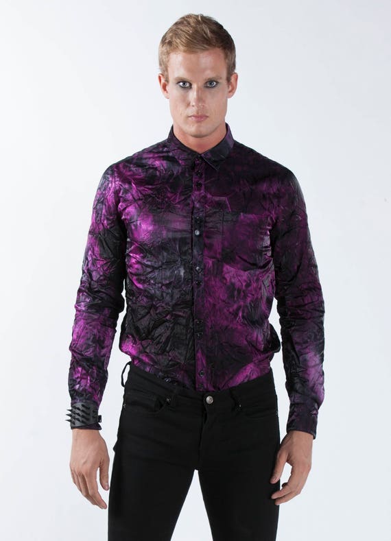 Men's Purple Dress Shirt Button Up Black Crinkle Satin Etsy