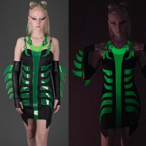 OOAK ELECTRIC PREDATOR - Sale Damaged Gloves Dress Clear uv Neon Green Cyber Rave Futuristic Cosplay Vinyl pvc Cyberpunk Cybergoth Alien