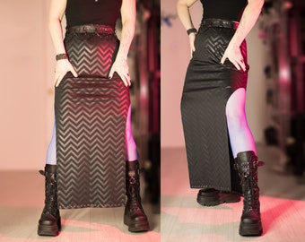 DEFENSE MECHANISM SKIRT - Maxi Black Chevron Slit High Waisted Cyber Goth Industrial Print Cyberpunk Vampire Festival Military Futuristic