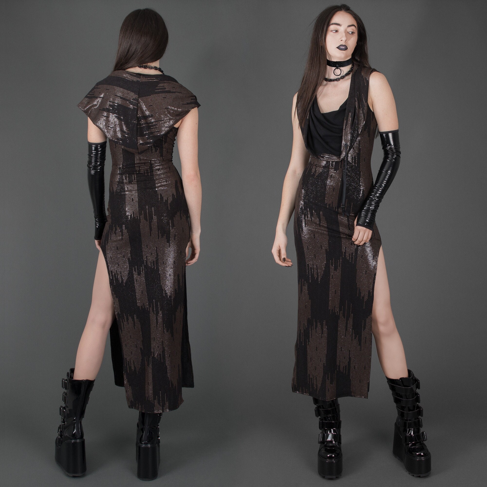 NUCLEAR DECAY DRESS - Cowl Hood Gold Black Cyberpunk Maxi NUCLEAR DECAY DRESS - Cowl Hood Gold Black Cyberpunk Maxi