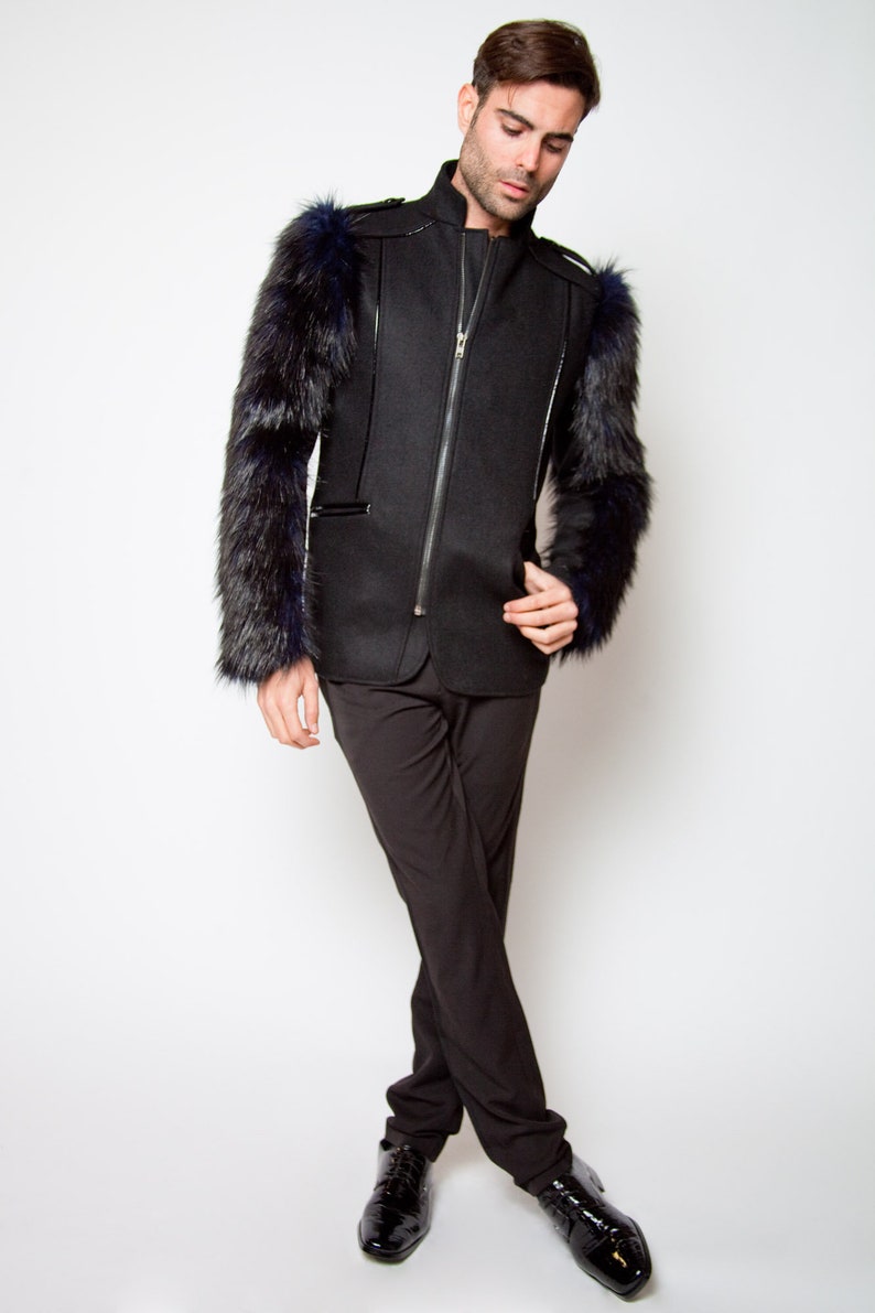 Enigma Jacket Men S Goth Faux Fur Sleeves Black Pvc Coat Outerwear Wool Winter Marilyn Manson Vampire Military Fashion Avant Garde