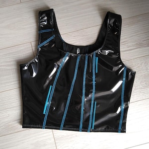 OOAK ZIPDRIVE TANK - Black pvc Crop Top Futuristic Shiny Vinyl Cyber Shirt Rave Industrial Cybergoth Goth Cyberpunk Blue Wet Look Fashion