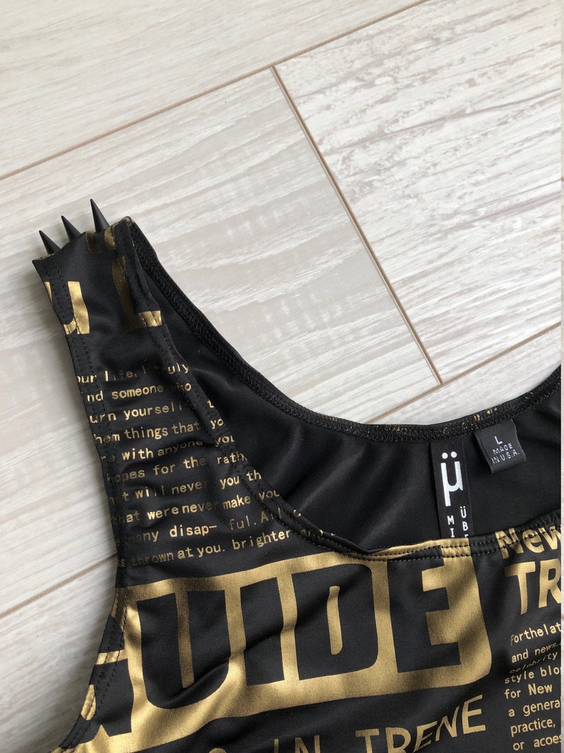 FASHION CROP TANK Black Gold Top Futuristic Shiny Vinyl Cyber Shirt Rave Industrial edm Cybergoth Goth Dance Costume Spikes Space