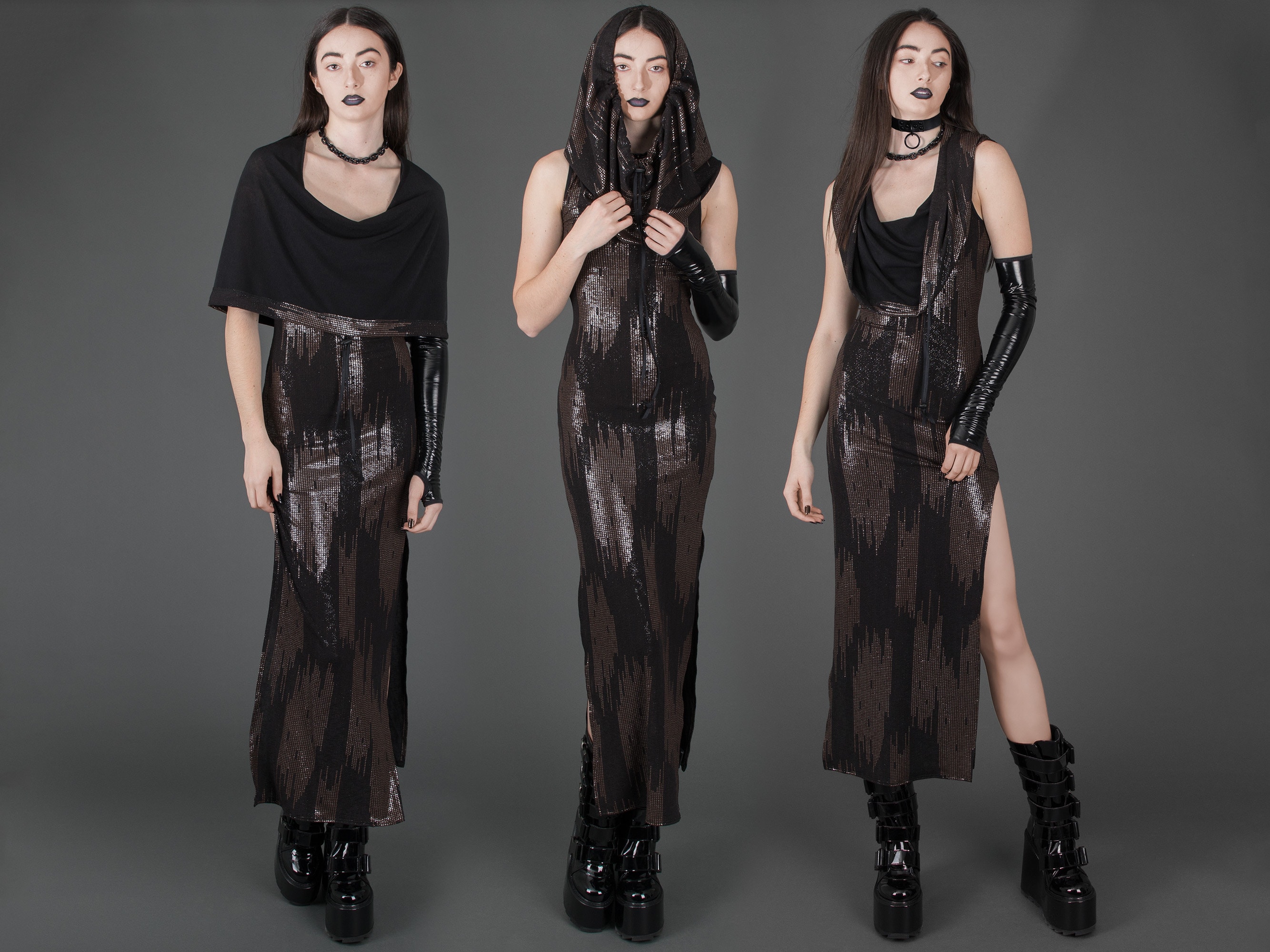 IRON DRESS　6D NUCLEAR DECAY DRESS - Cowl Hood Gold Black Cyberpunk Maxi