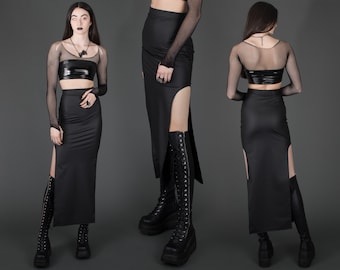 INTRIGUE MAXI SKIRT - Black vinyl pvc Slit High Waisted Nu Goth Rivethead Cyberpunk Vampire Festival Industrial Clubwear Vegan Leather Cyber