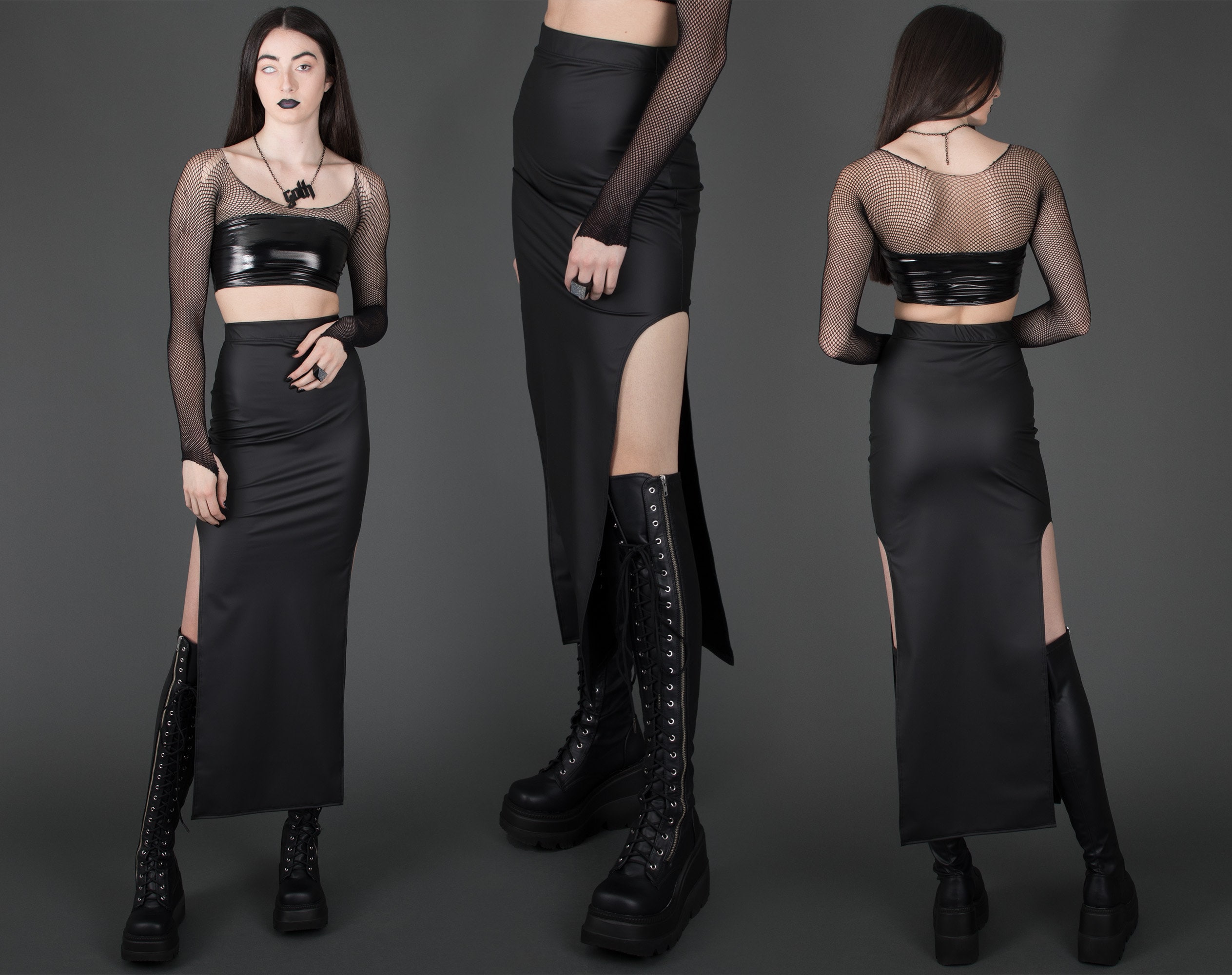 【perverze】 Slit Double Mesh Long T black Goth Double Slit Maxi Skirt for Women Punk Black See Through