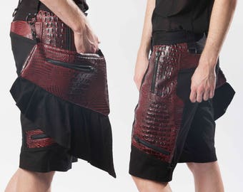 DRACO BONDAGE SHORTS - Sale Men's Black Vegan Alligator Leather Burning Man Cargo Post Apocalyptic Punk Burning Man Goth Festival Mad Max