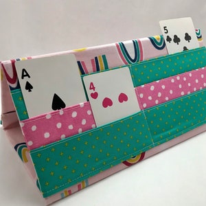 Modern Watercolor Rainbows Folding Card Holder, Lightweight Playing Card Caddy, Pink Blue Yellow Rainbow Kids Birthday Gift, Rainy Day