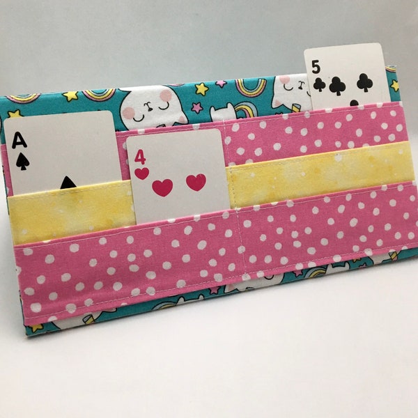 Rainbows and Unicorn Cats Folding Card Holder, Lightweight Playing Card Caddy, Kids Birthday Gift, Rainy Day