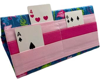 Porte-cartes pliant palmier flamants roses, porte-onglet de bingo tropical, porte-cartes léger, cadeau d'anniversaire pour enfant rose bleu vert