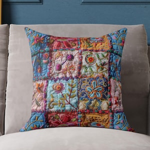 Floral Print Quilt Pillow Cover: Faux Embroidery Decorative Cushion