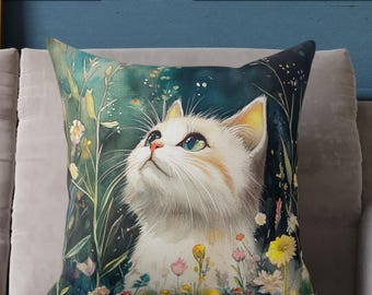 Cat Art Pillow Cover: Floral Print Decorative Cushion