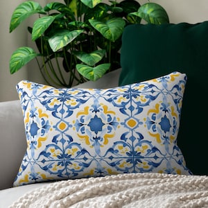 Mediterranean Lumbar Pillow Cover: Yellow Blue Tile Design, 14x20
