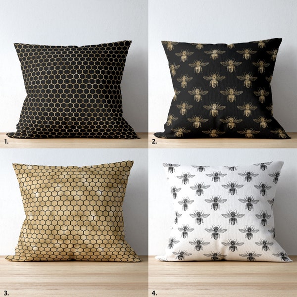 Honey Bee Throw Pillow Cover | Beige Black Pillow Cover | Honey Comb Print Pillows | Modern Contemporary Pillow Cover | White Black Beige